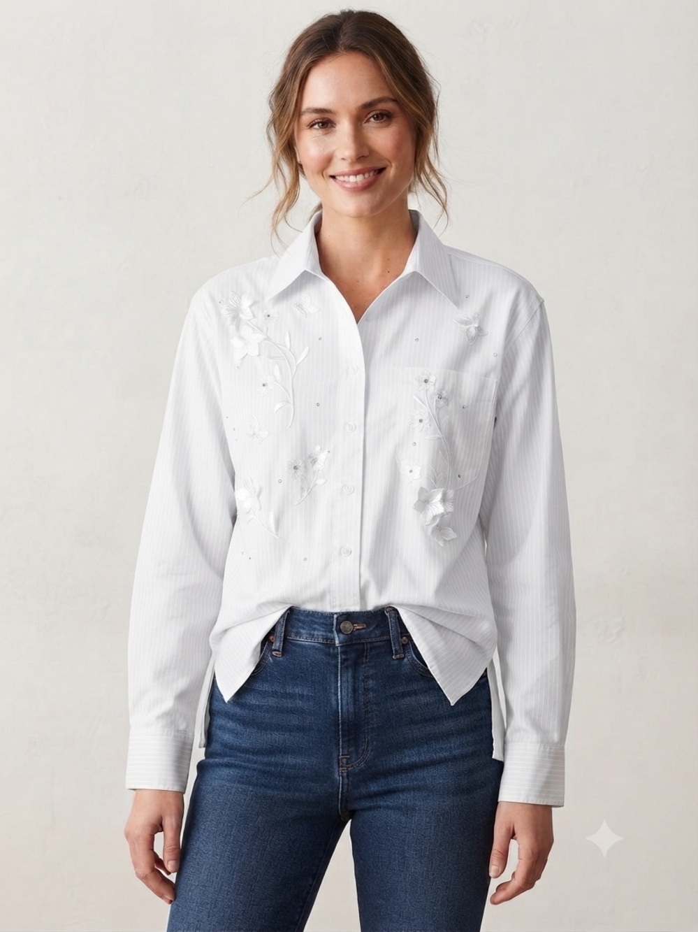Vintage Mili Designs Embroidered Butterfly Rhinestone 3D floral Button Down L